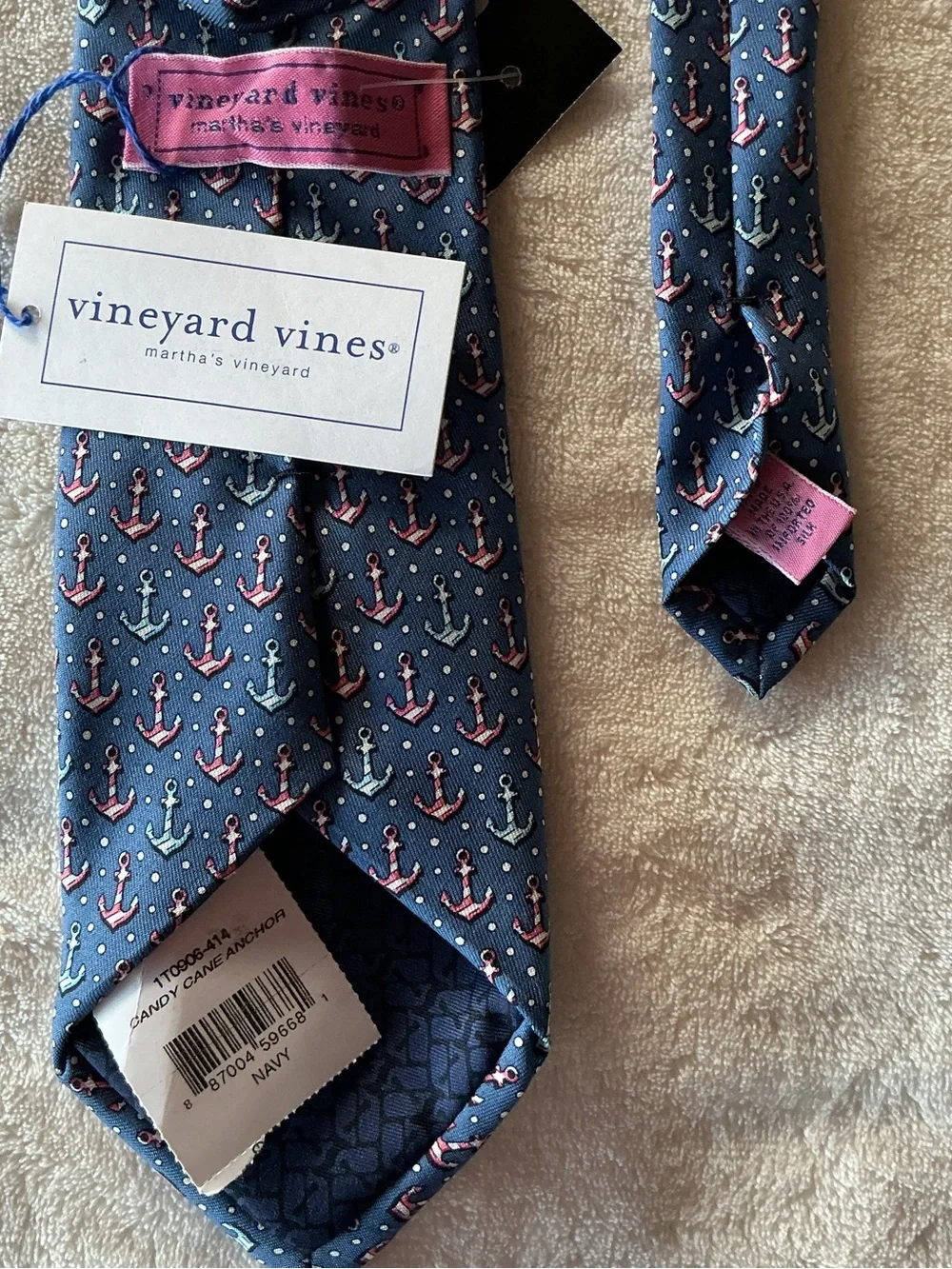 NWT VINEYARD VINES MENS 100% SILK TIE Navy ANCHOR CANDY CANE MADE IN USA. Preppy - Picture 3 of 8